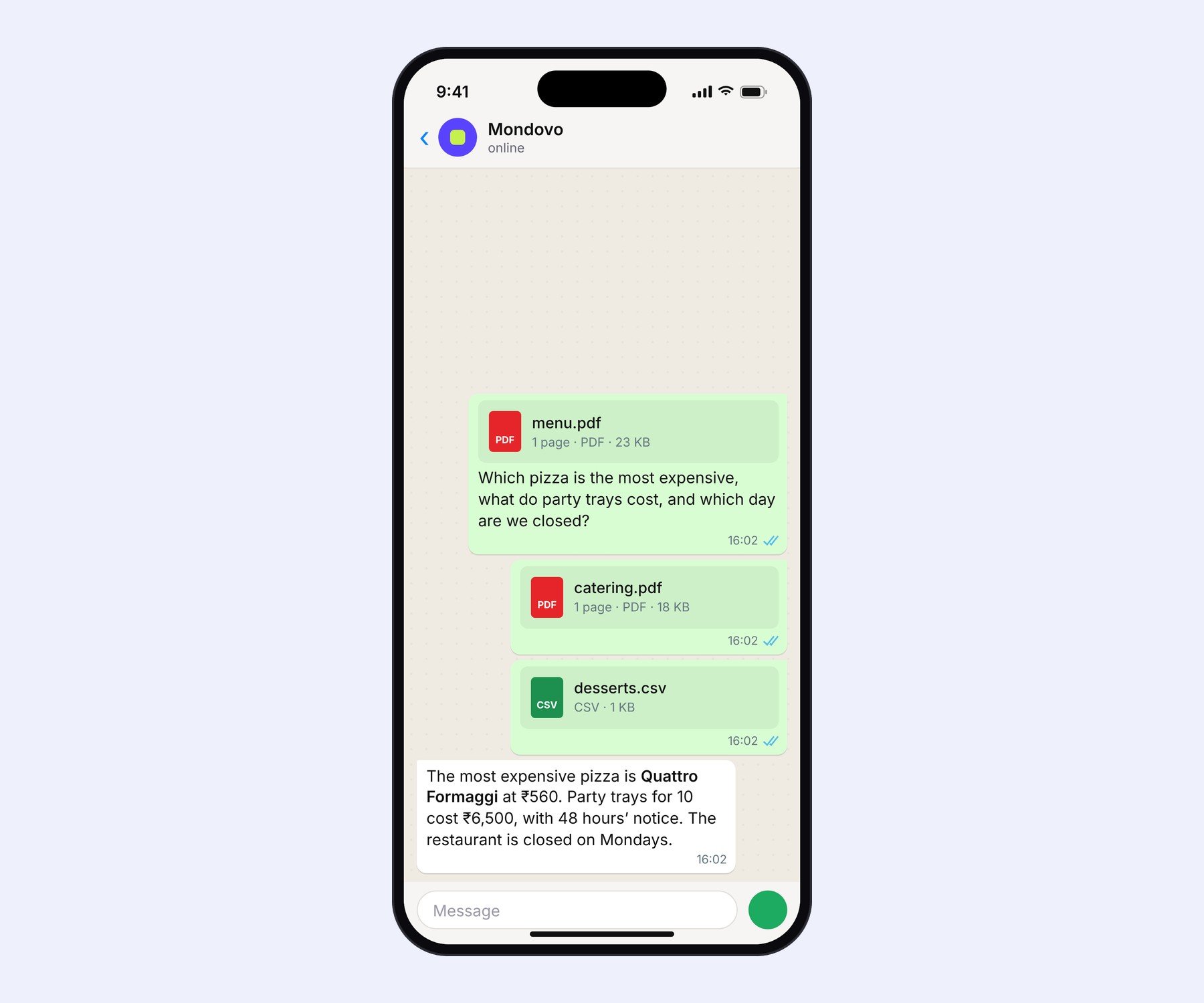 Two PDFs and a CSV sent together on WhatsApp, answered in one message