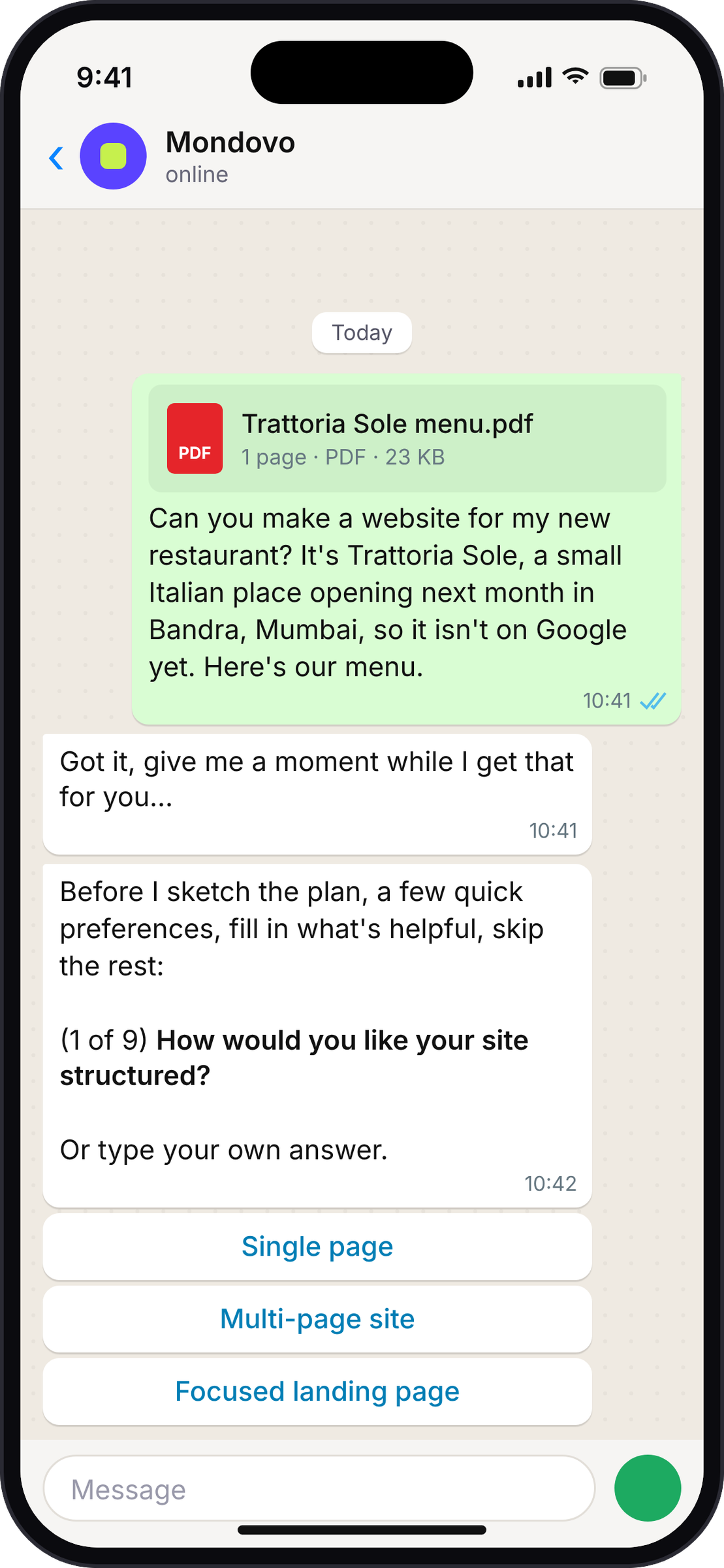 WhatsApp chat: a restaurant owner sends a menu PDF and asks Mondovo for a website; Mondovo replies with tap buttons