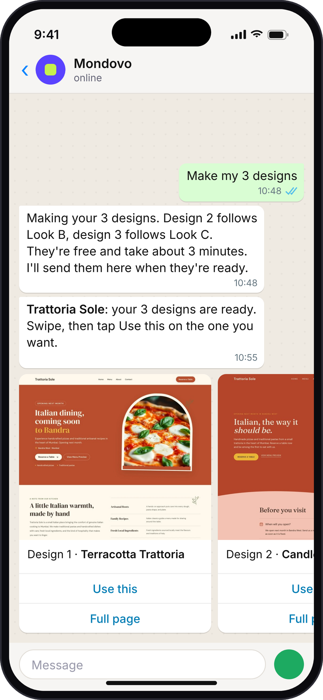 WhatsApp chat: Mondovo sends three finished website designs as swipeable cards