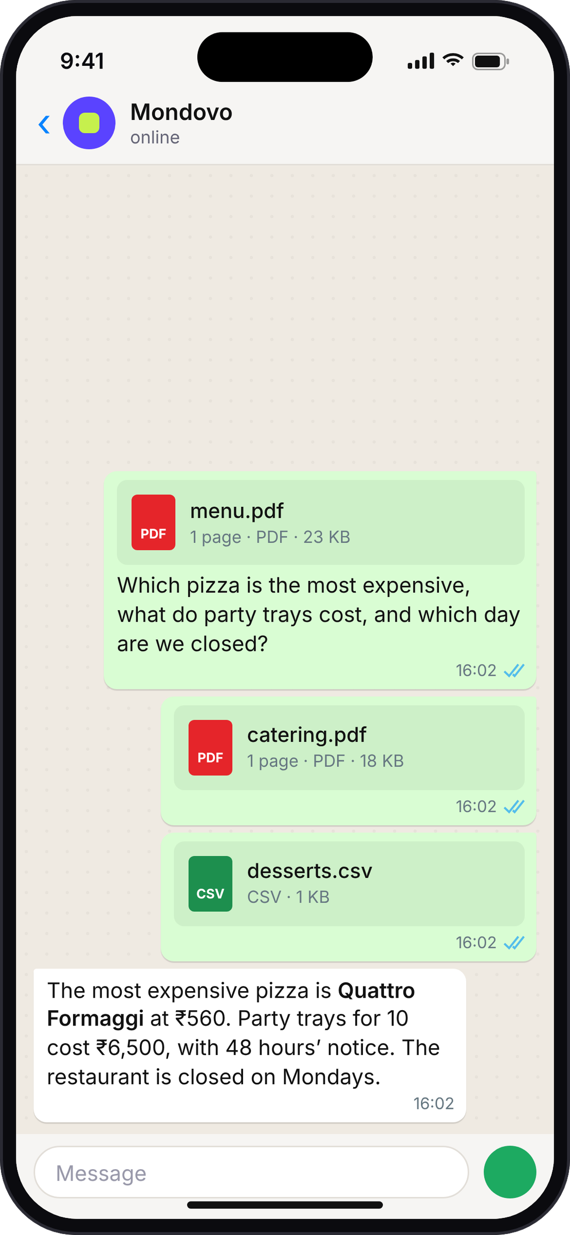 Two PDFs and a CSV sent together, answered in one message