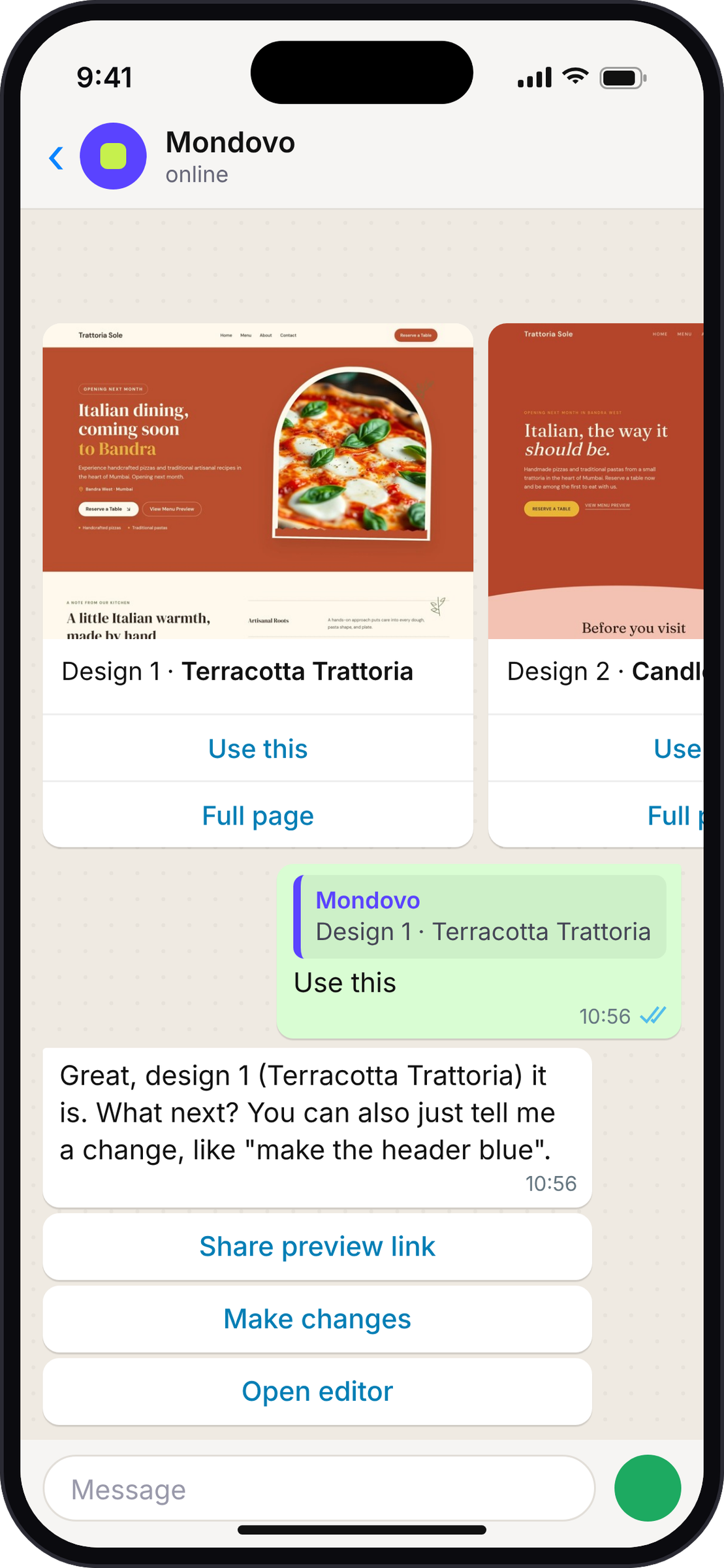 After Use this, Mondovo offers Share preview link, Make changes and Open editor
