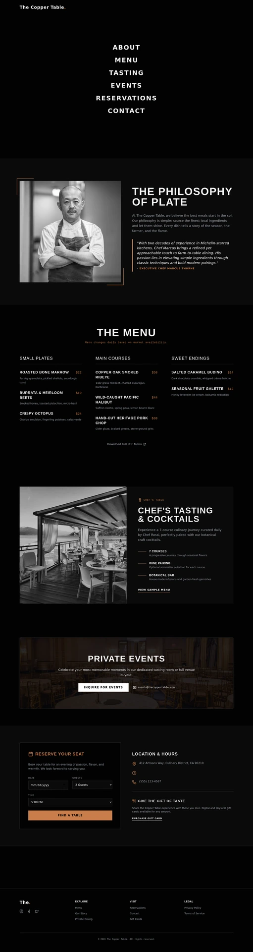 A generated restaurant site in a dark brutalist style