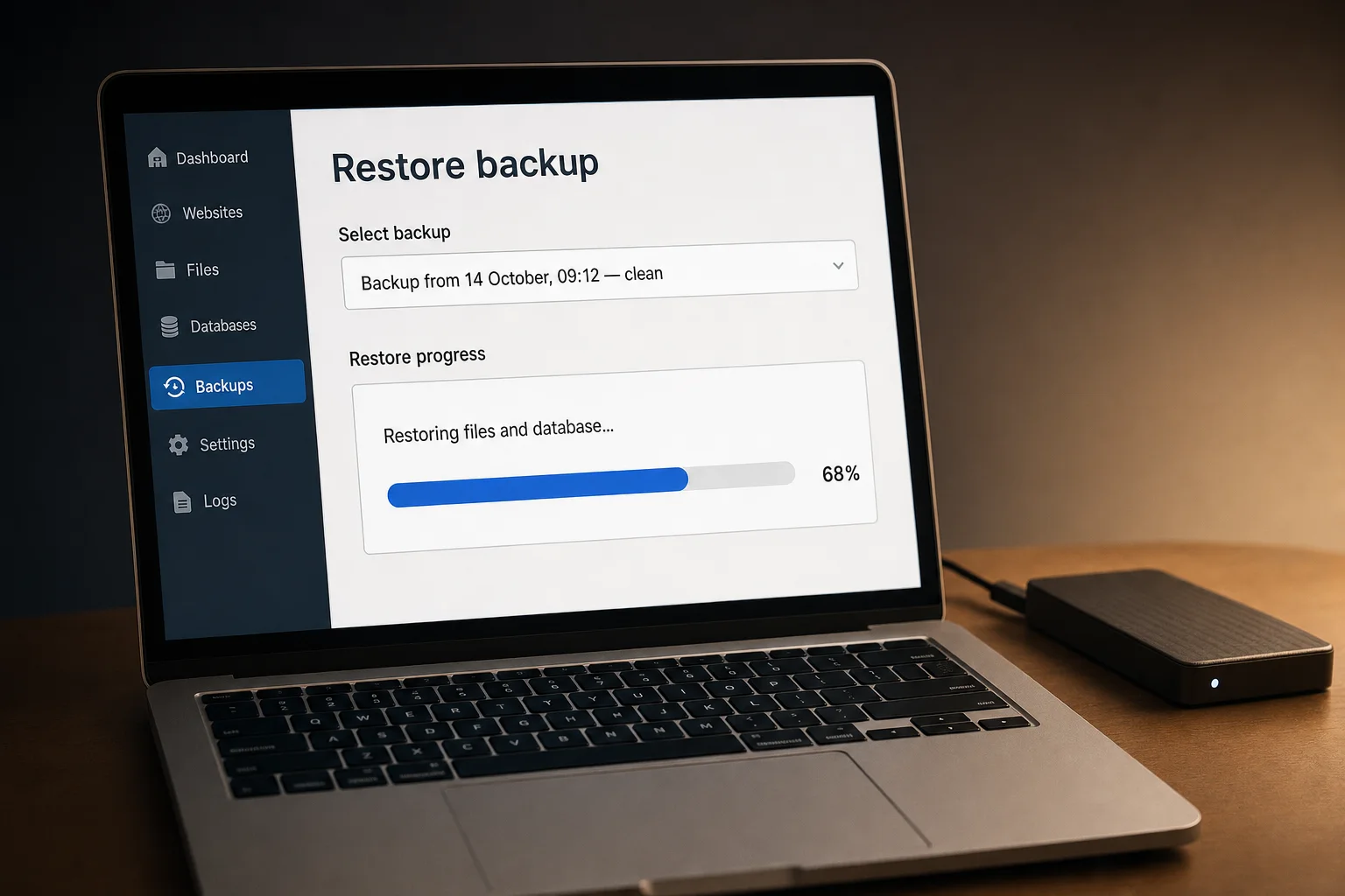 A hosting control panel restoring a clean backup from 14 October, 68% complete