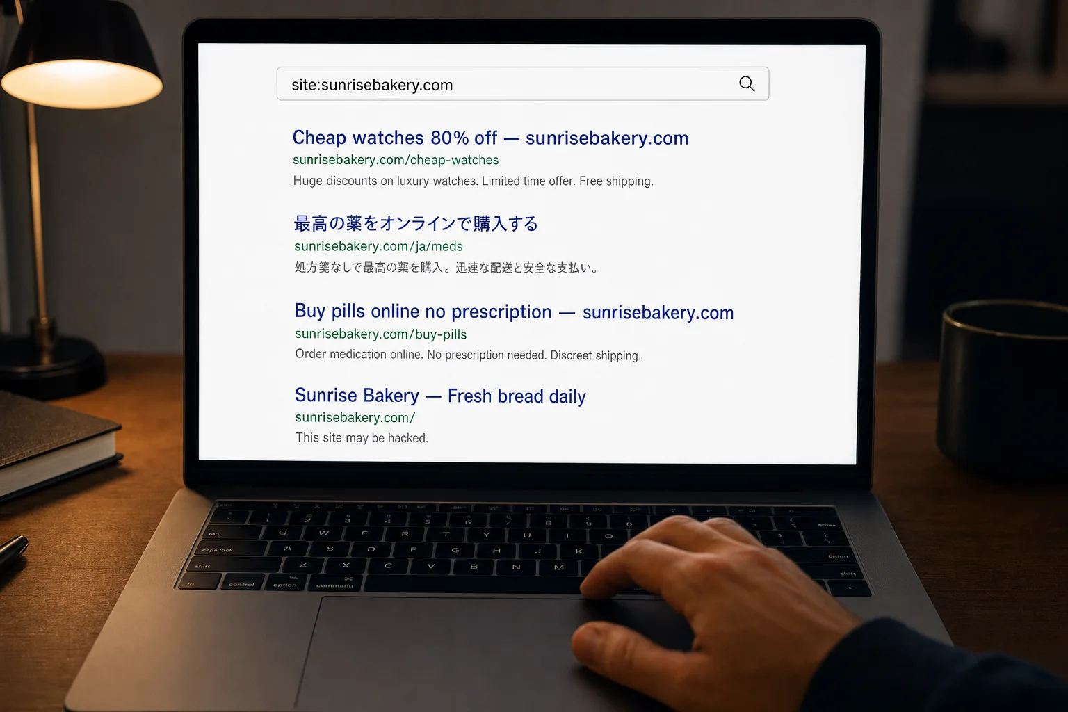 Search results for a hacked bakery website showing spam pages for cheap watches and pills, one in Japanese, and the label This site may be hacked