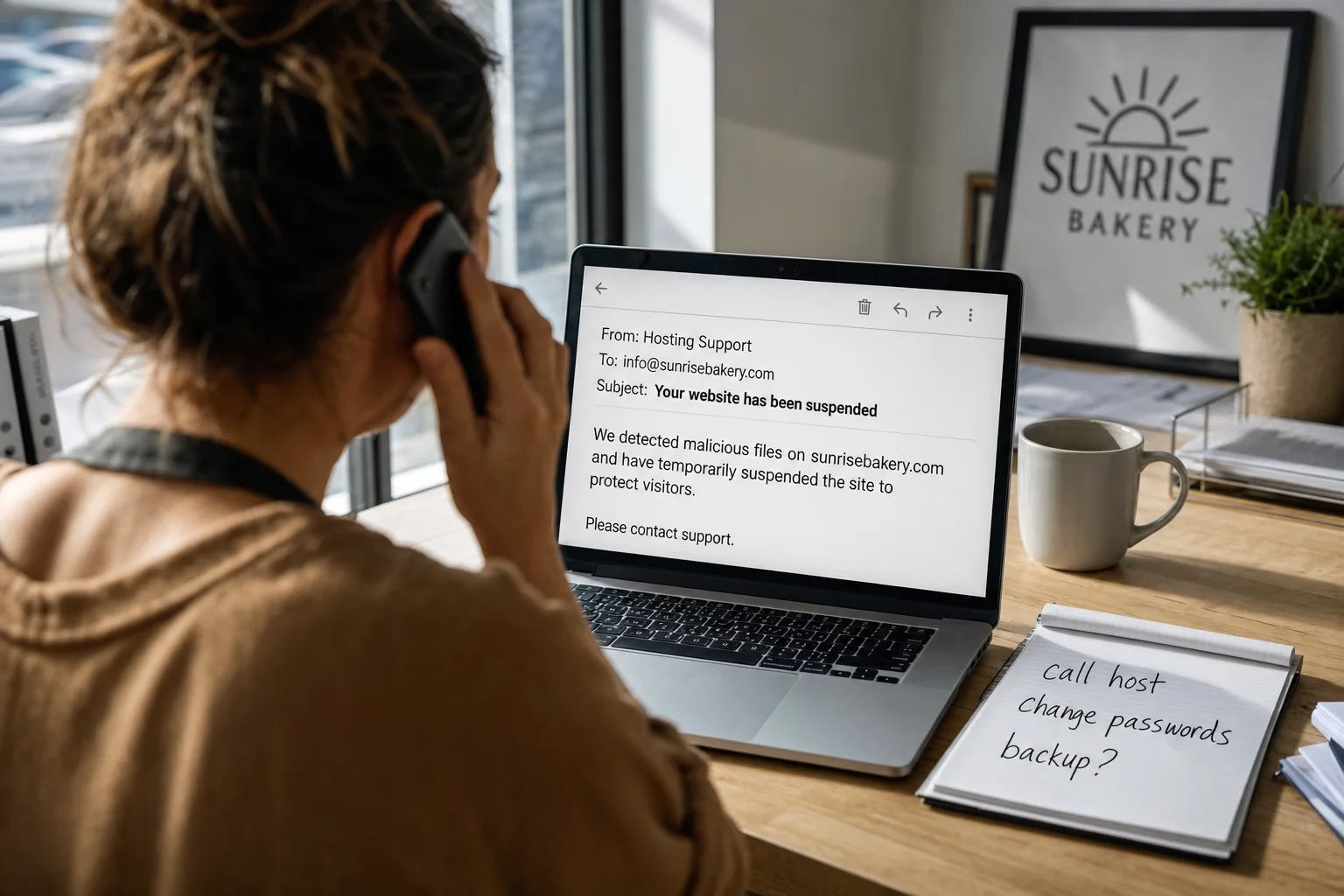 A business owner on the phone while reading an email from their host saying the website has been suspended for malicious files