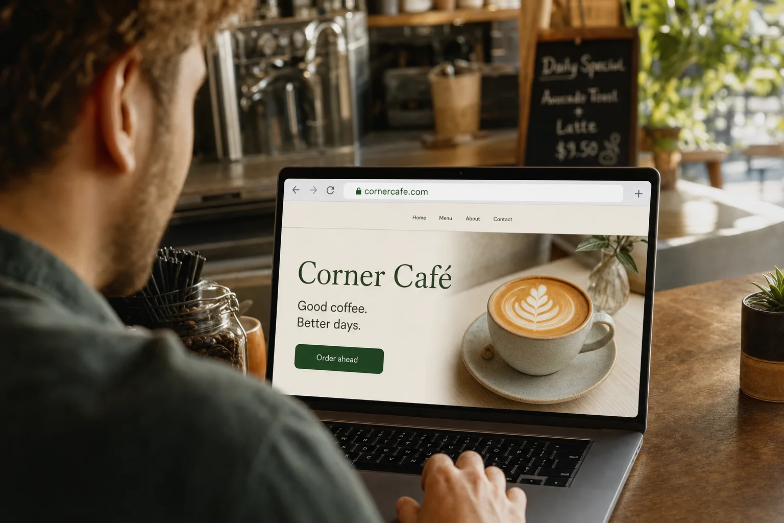 A café owner checking a simple, clean café website on a laptop