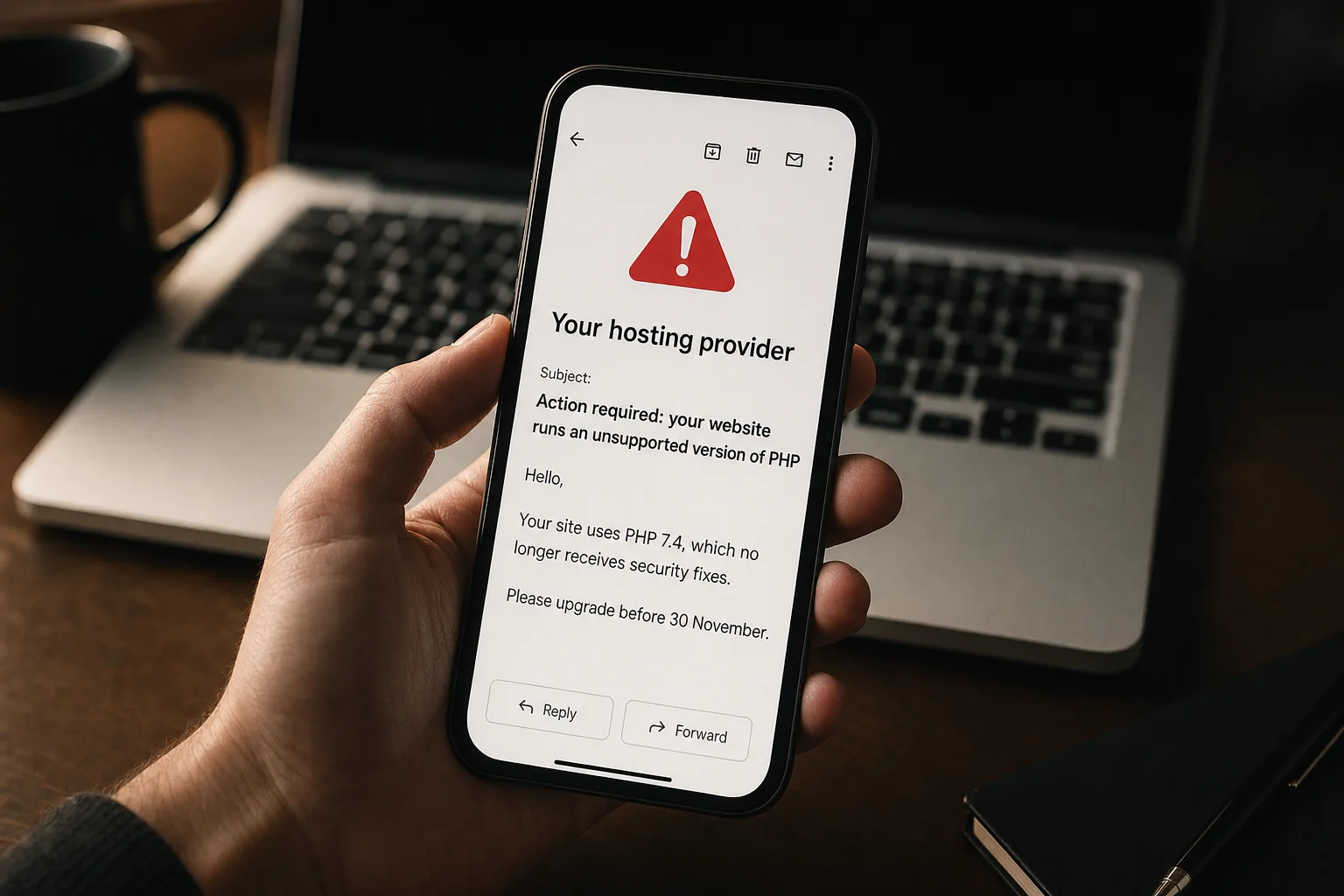 A phone showing an email from a hosting provider: action required, your website runs an unsupported version of PHP