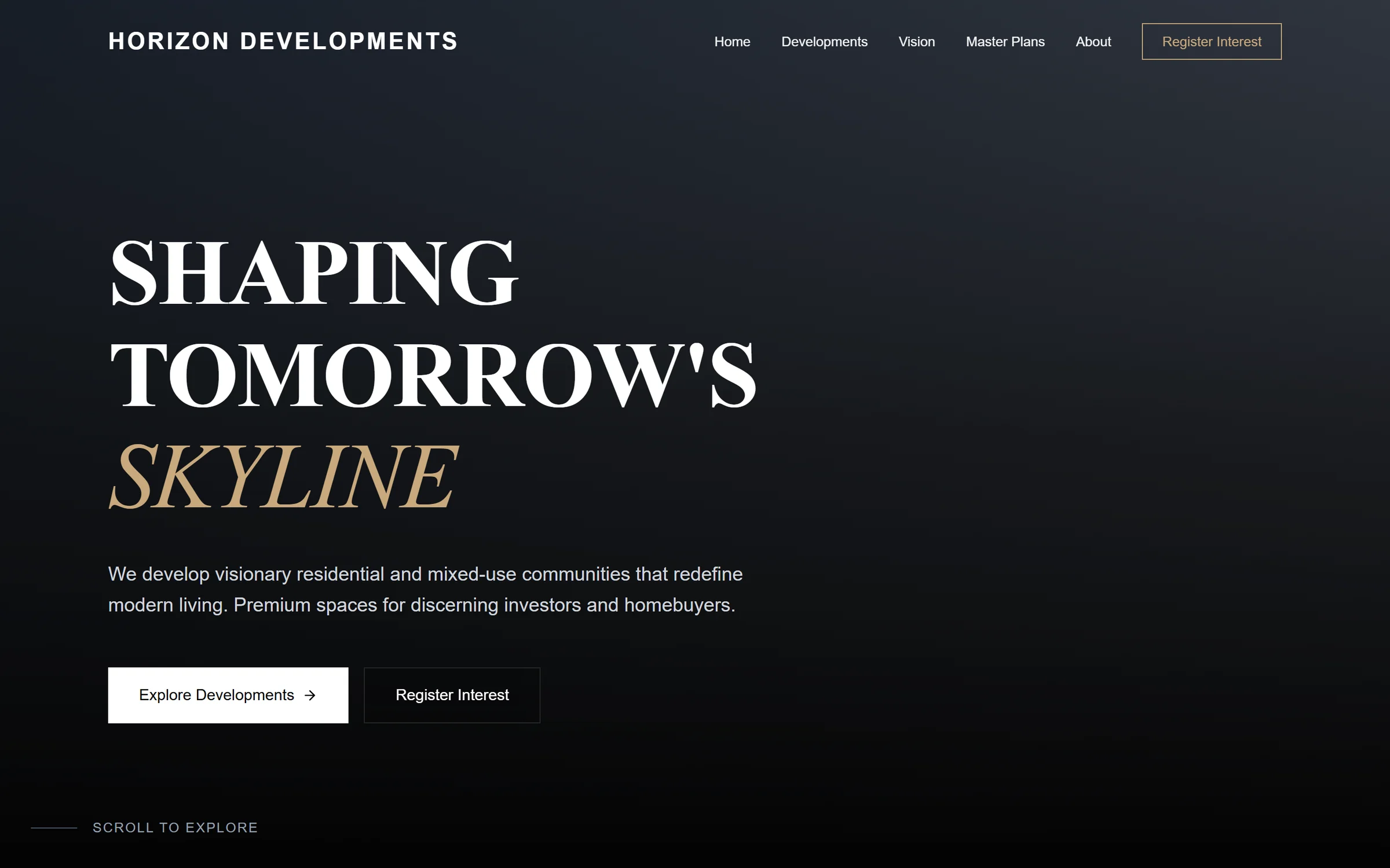 The home page of a generated property developer site