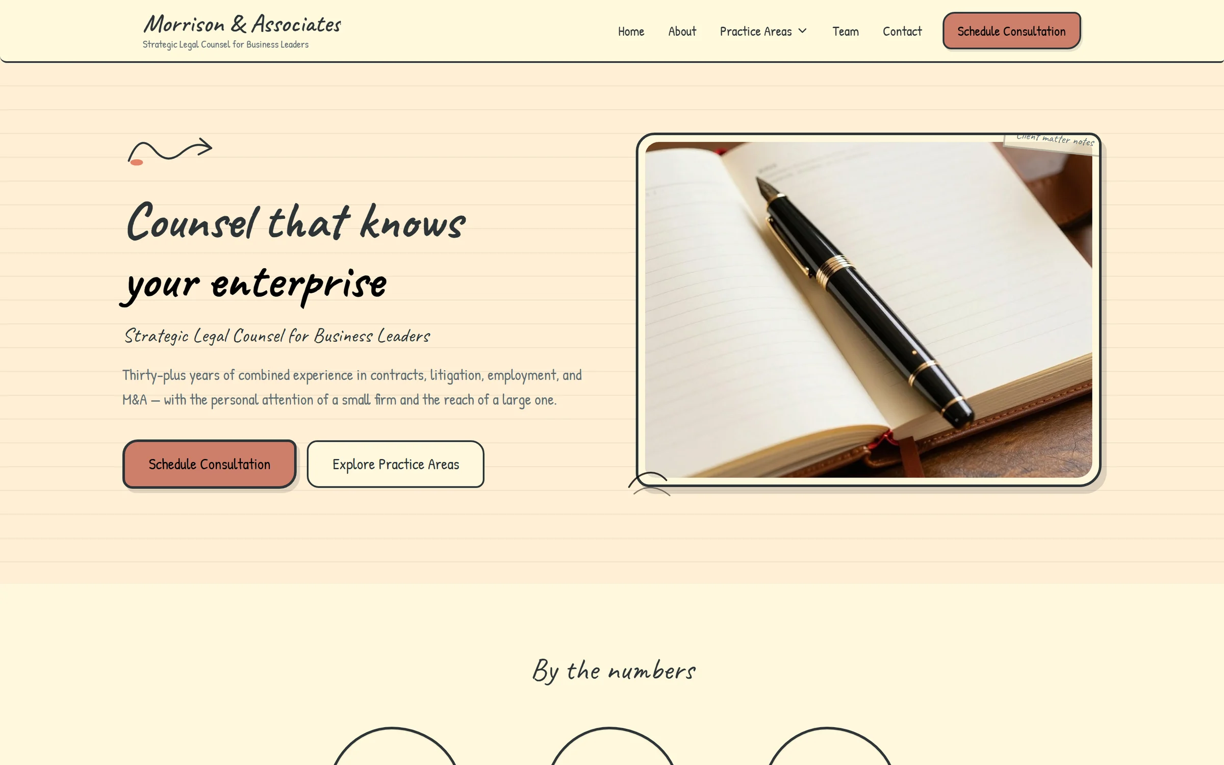The home page of a generated law firm site, with a practice areas menu
