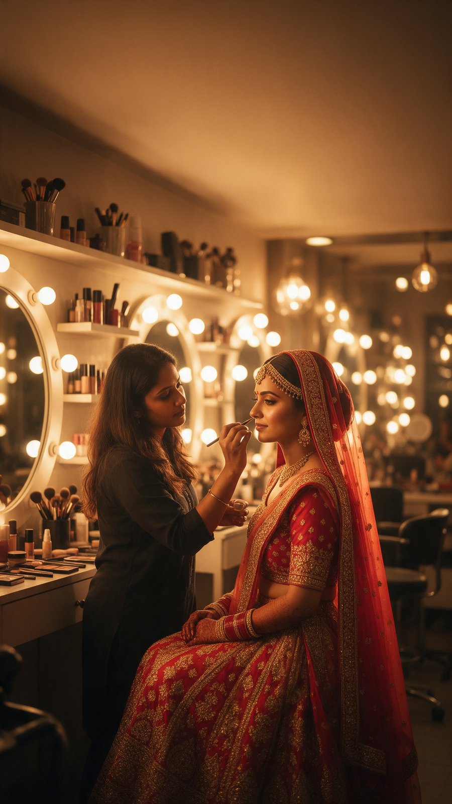 Makeup artist doing a bride’s makeup at a lit mirror