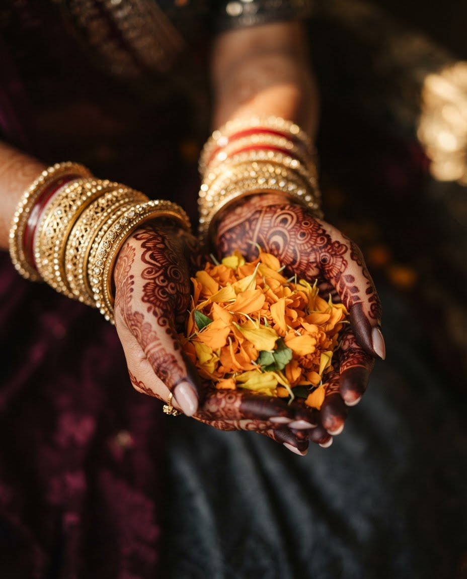 Henna hands with marigold petals