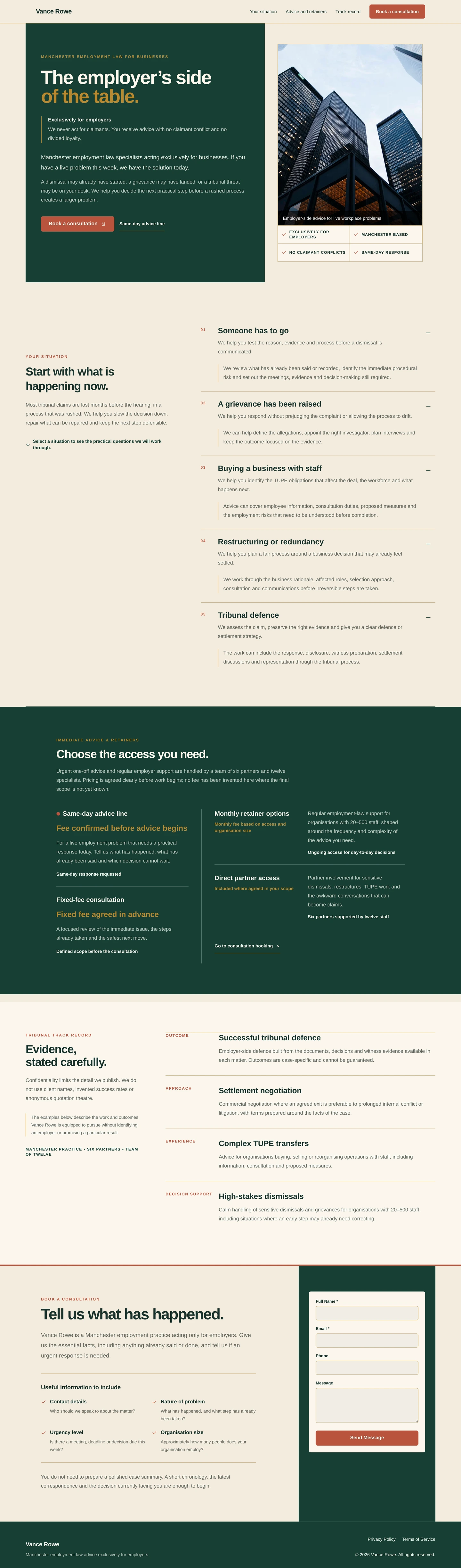 A generated law firm site built around a deep green hero panel