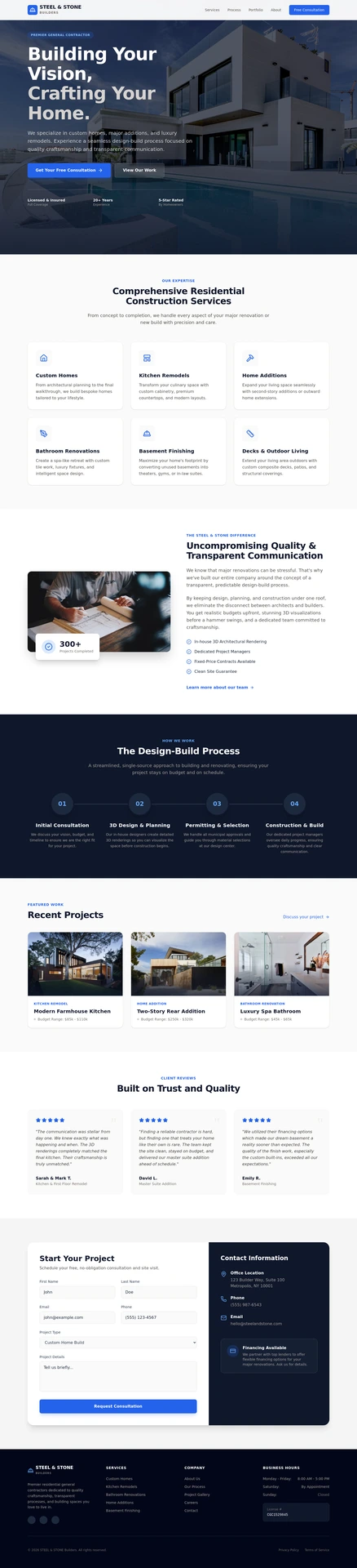 The home page of a generated general contractor site