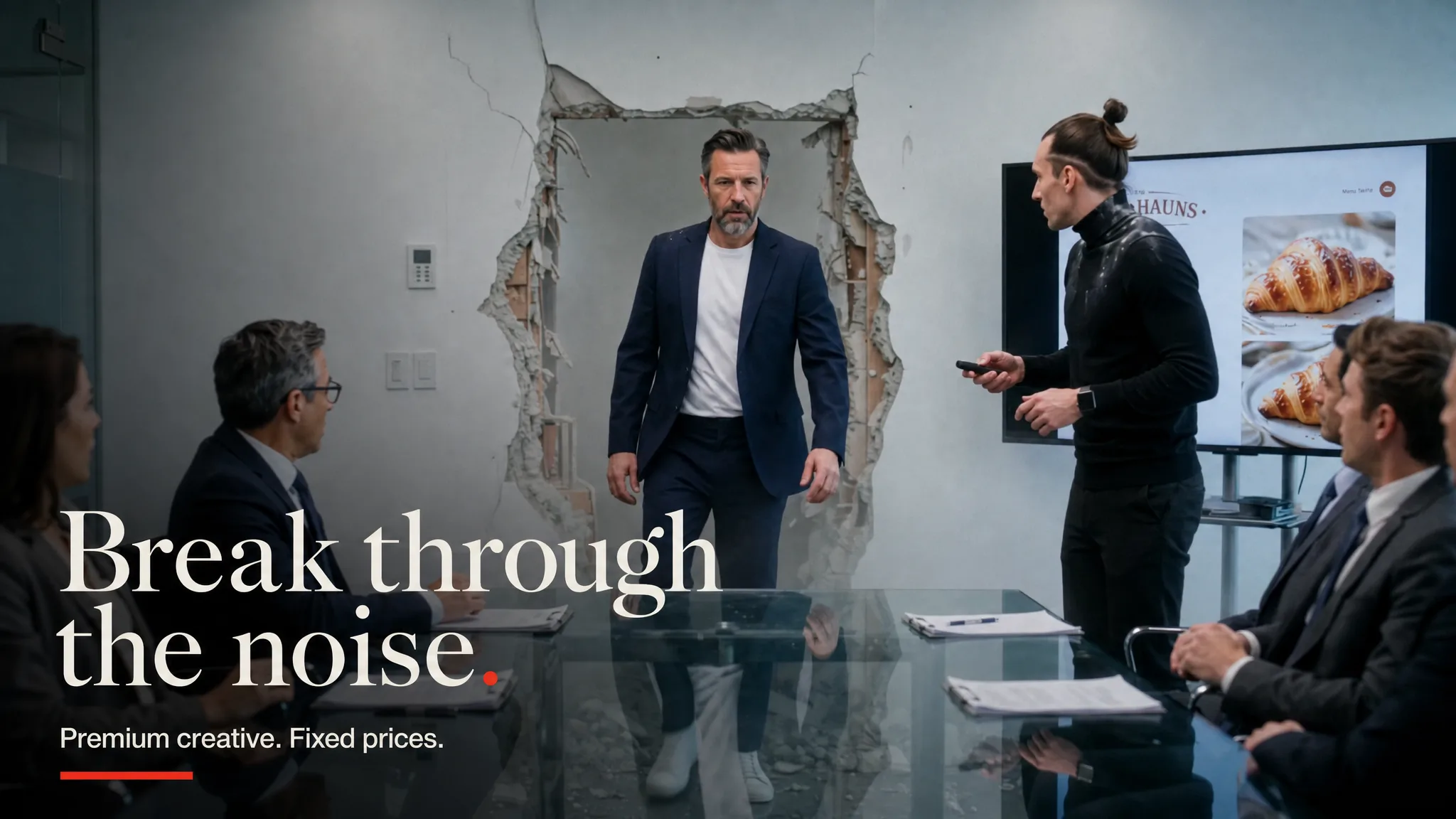 A man crashes through a boardroom wall mid-meeting. Break through the noise. Premium creative. Fixed prices.