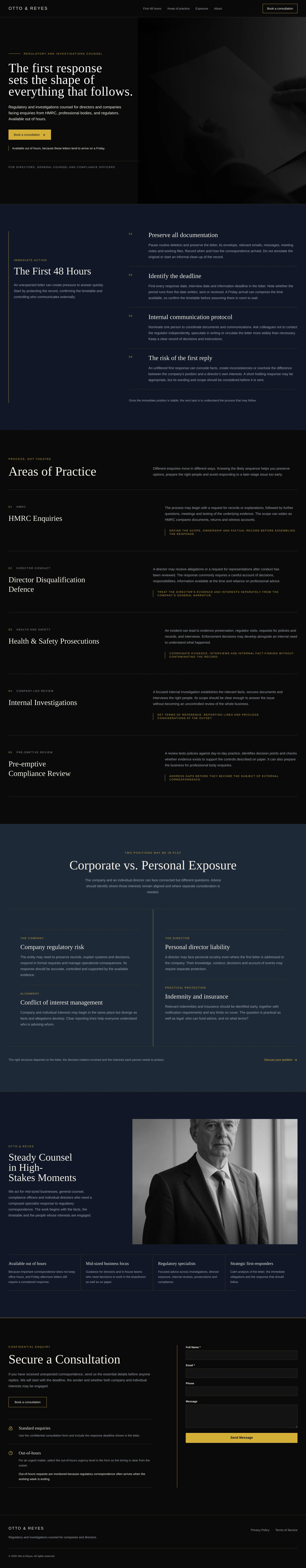 A generated law firm site in near-black with a gold call to action