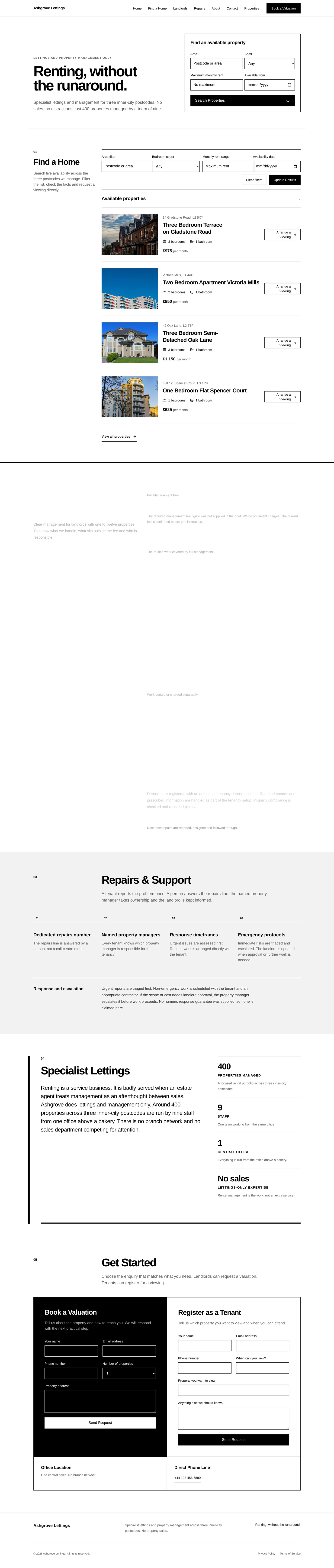 A generated lettings agency site on a white grid