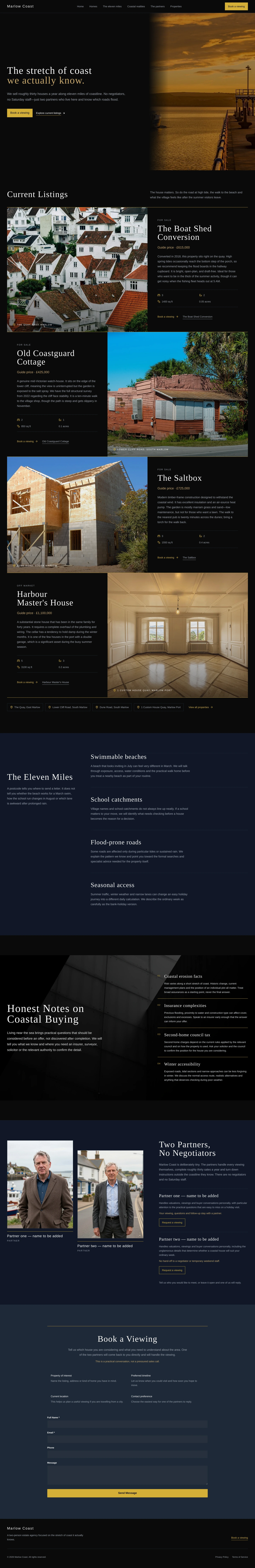 A generated coastal estate agent site in near-black