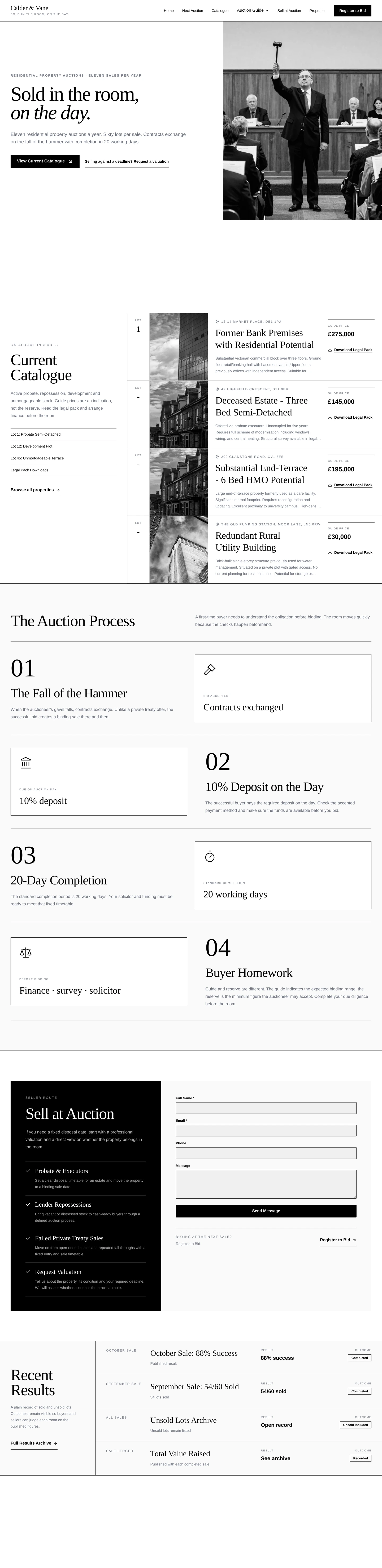 A generated property auction site in black and white